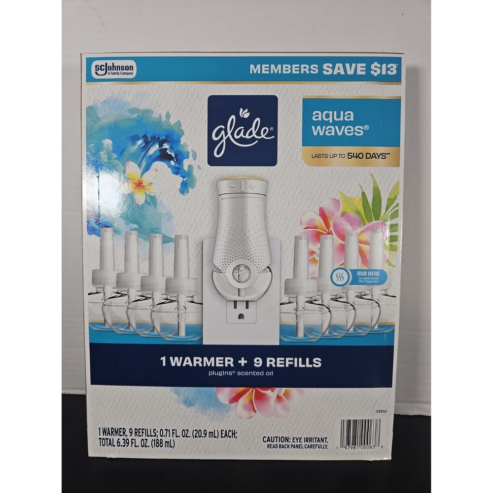 Glade PlugIns Scented Oil Warmer + 9 Refills Aqua Waves 540 Days Value Pack New